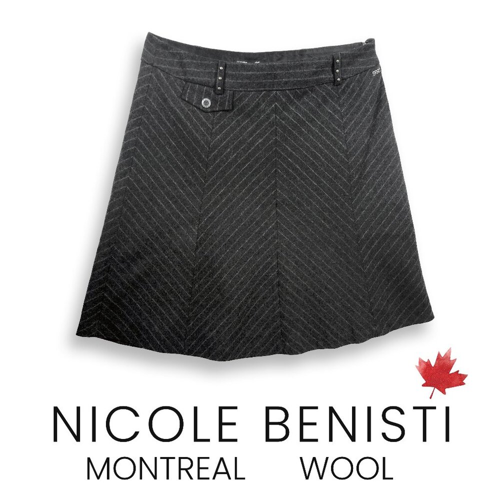 Nicole Benisti Point Zero Montreal Canada wool grey herring bone midi skirt 13